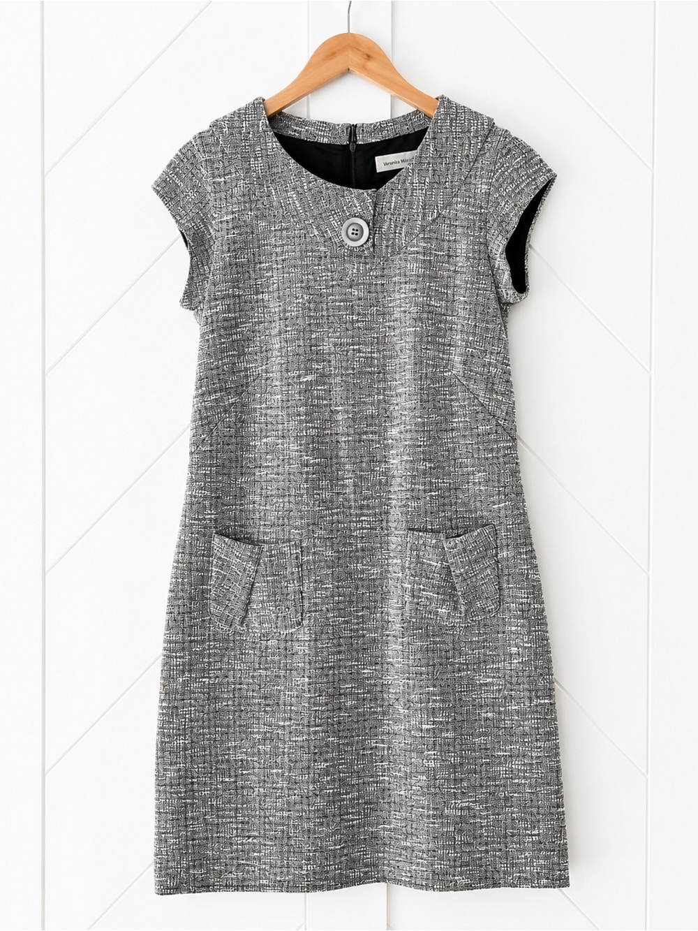 Veronika Maine Black White Textured Knit Tweed Shift Dress Pockets Size 8